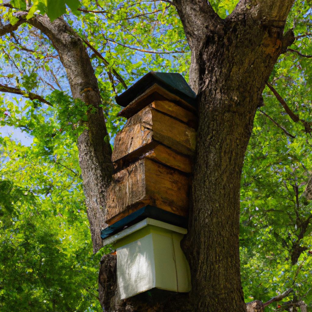 A close-up of a bee hive at the recommended height off the ground