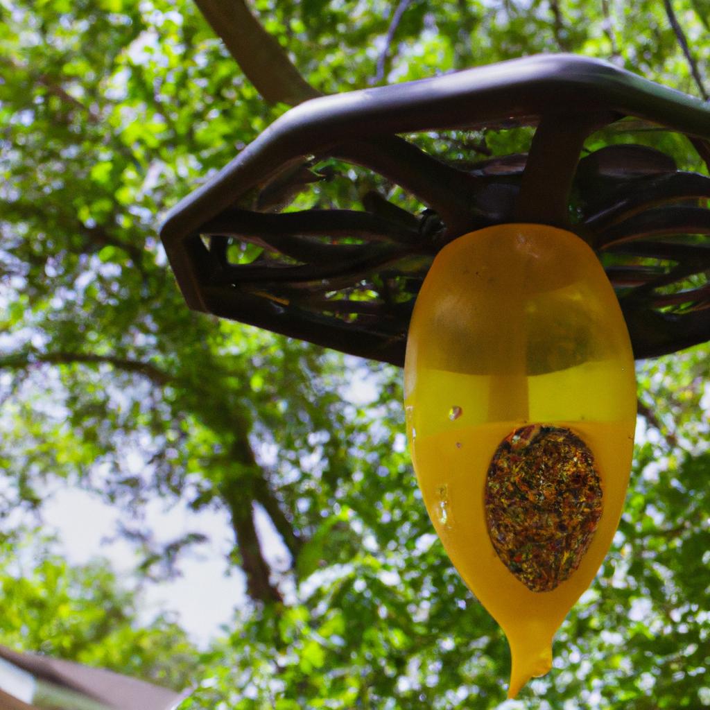 Bee-resistant oriole feeder hanging on a tree