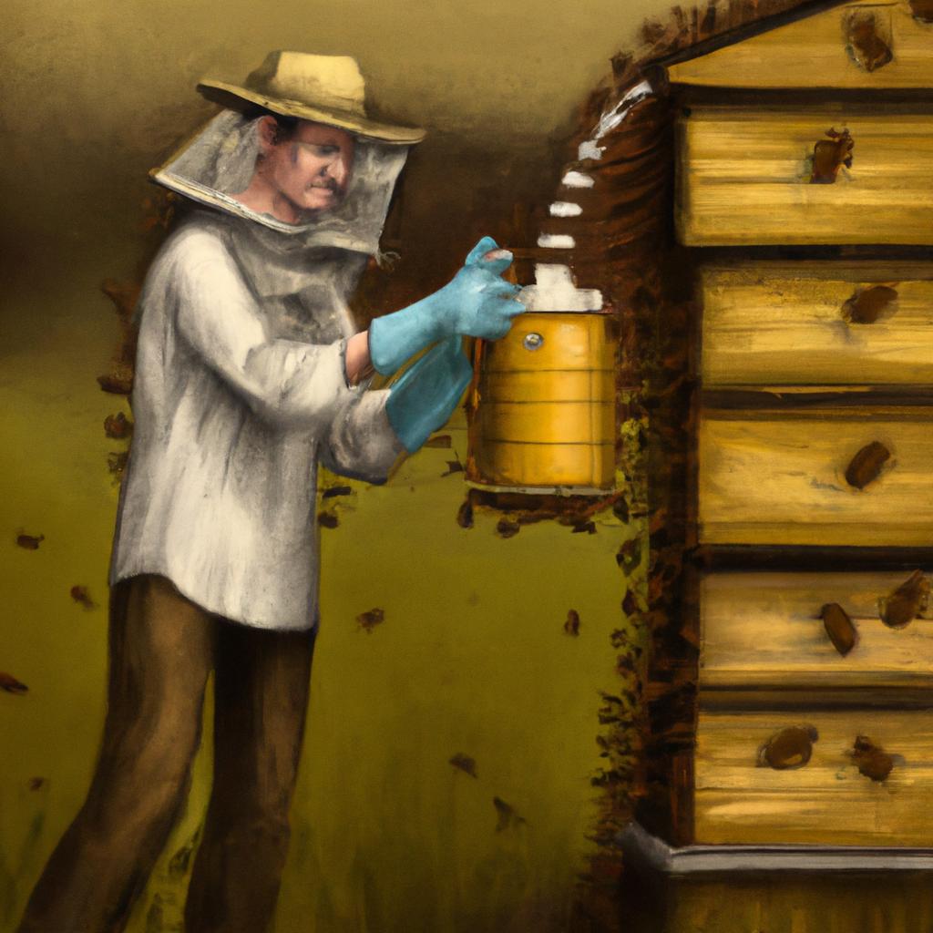 Beekeeper using essential oils to protect beehive from ants