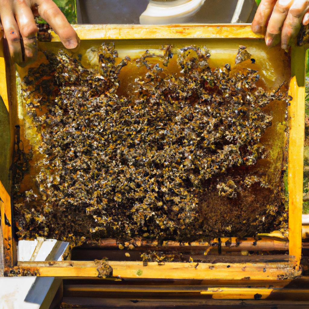 A beekeeper examines a frame of bees from a healthy colony.