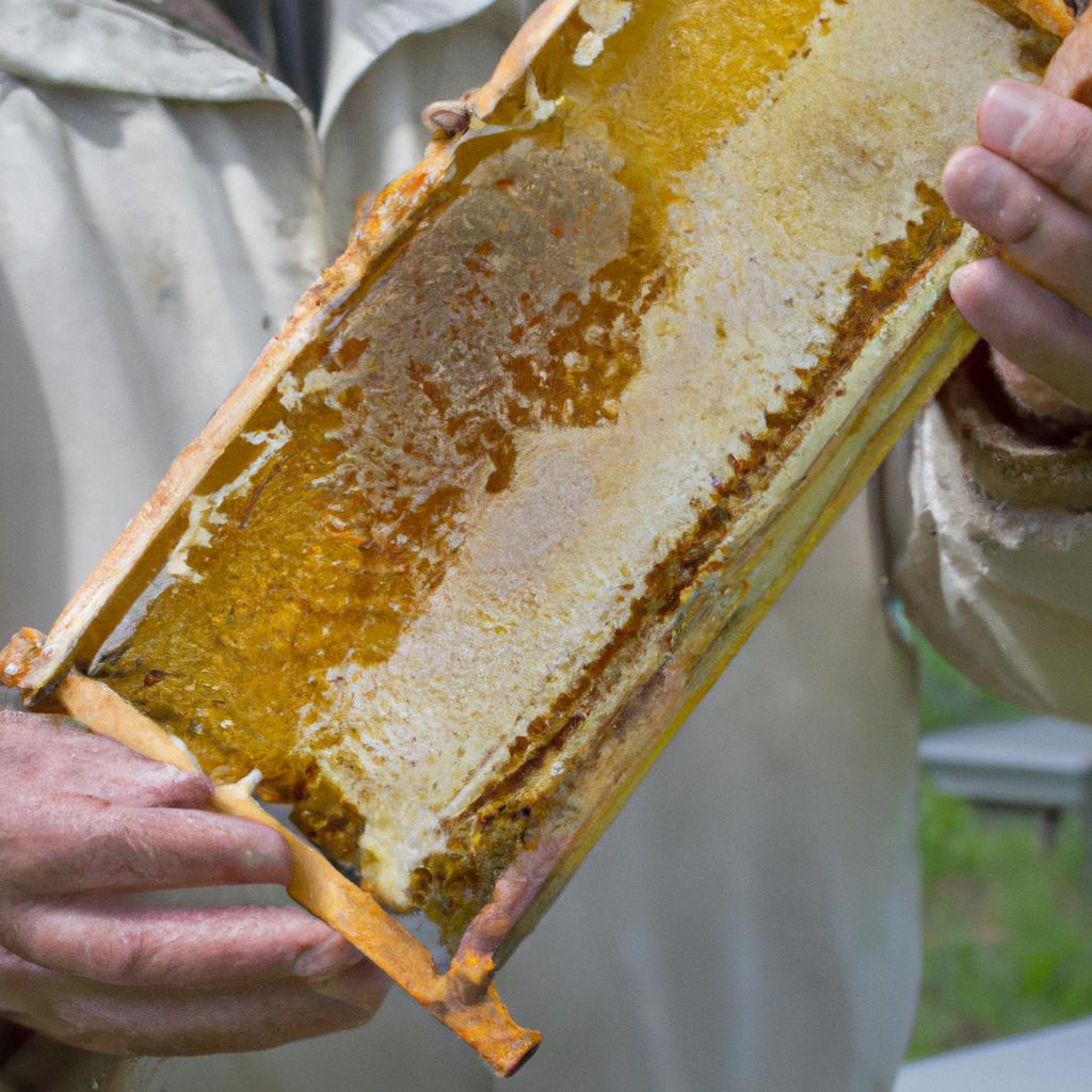 A beekeeper holding a honeycomb filled with freshly-made honey