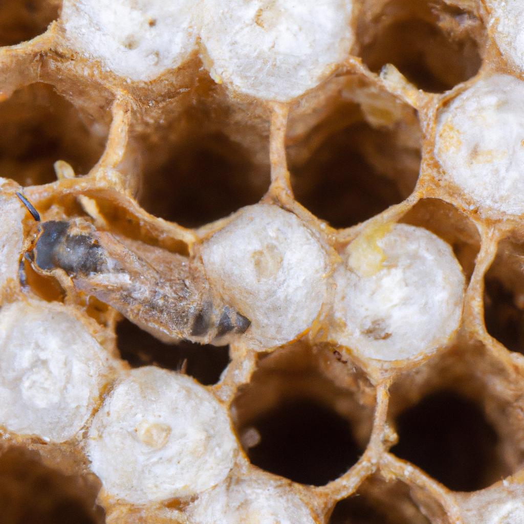 The wax moth larvae tunnel through the honeycomb, causing damage to the structure.