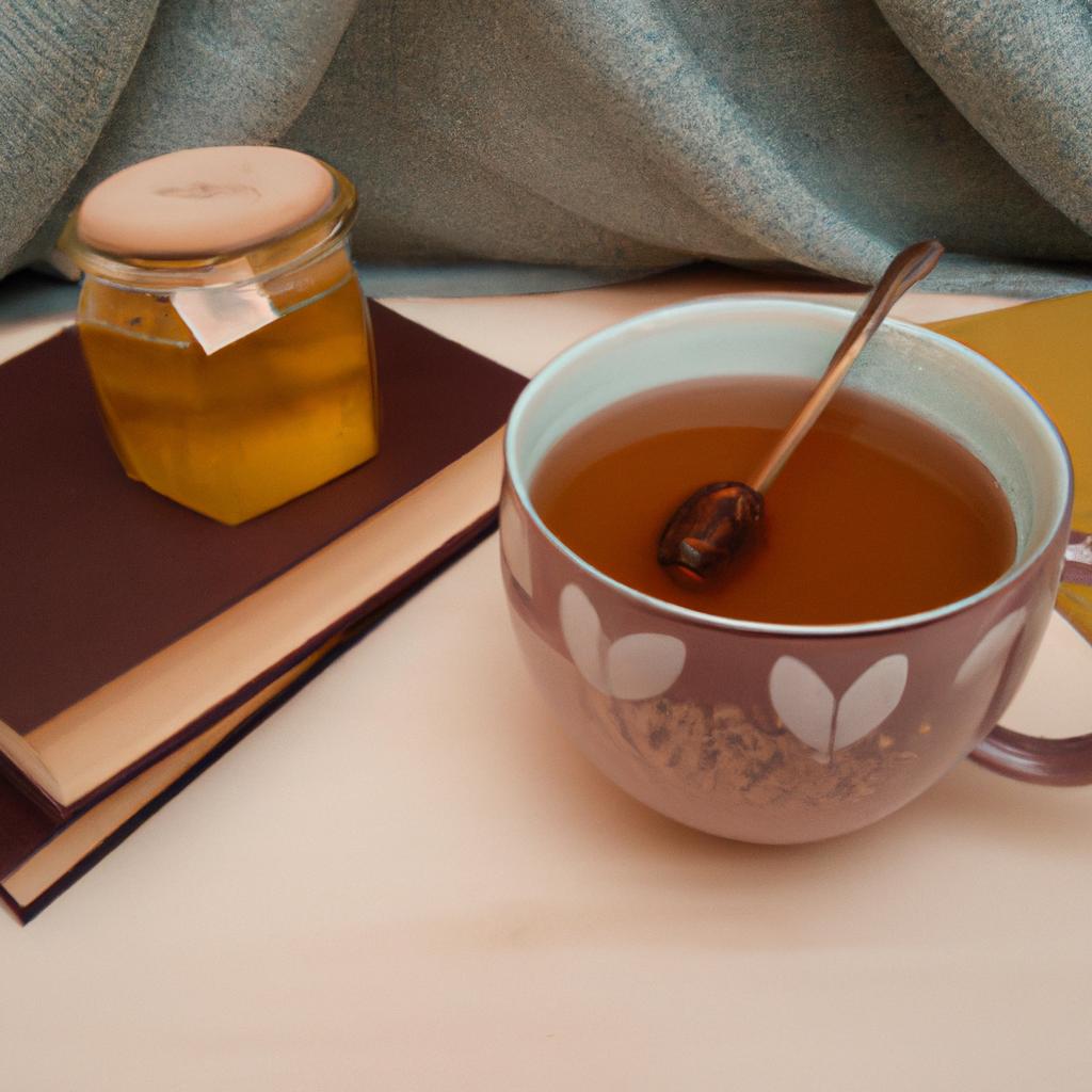 A cup of tea with a honey jar and a book on a cozy morning