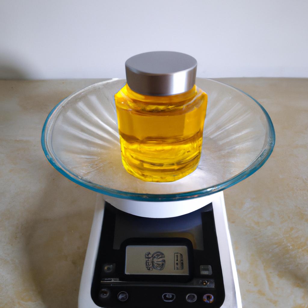Measuring honey with a digital weighing scale for accuracy.