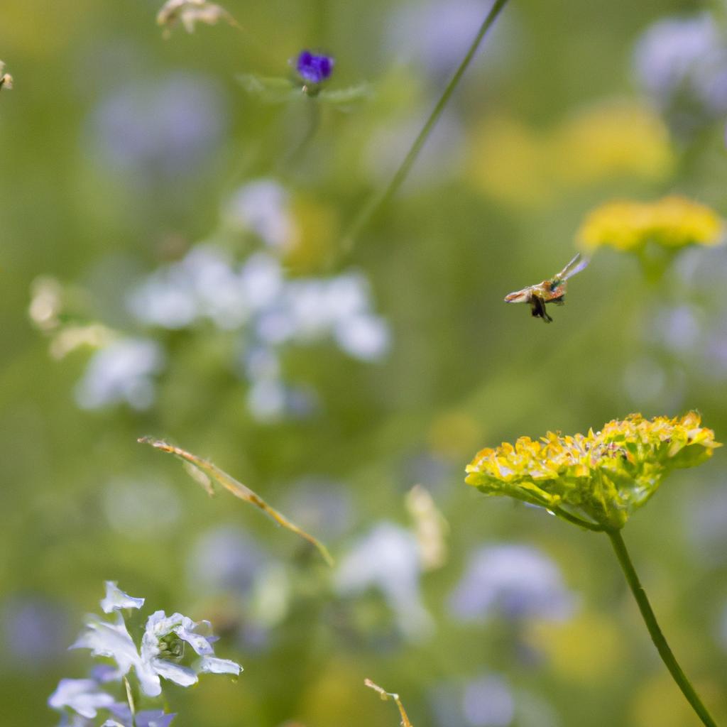 A honey bee foraging for pollen in a field of wildflowers, sometimes travelling long distances to find the best sources