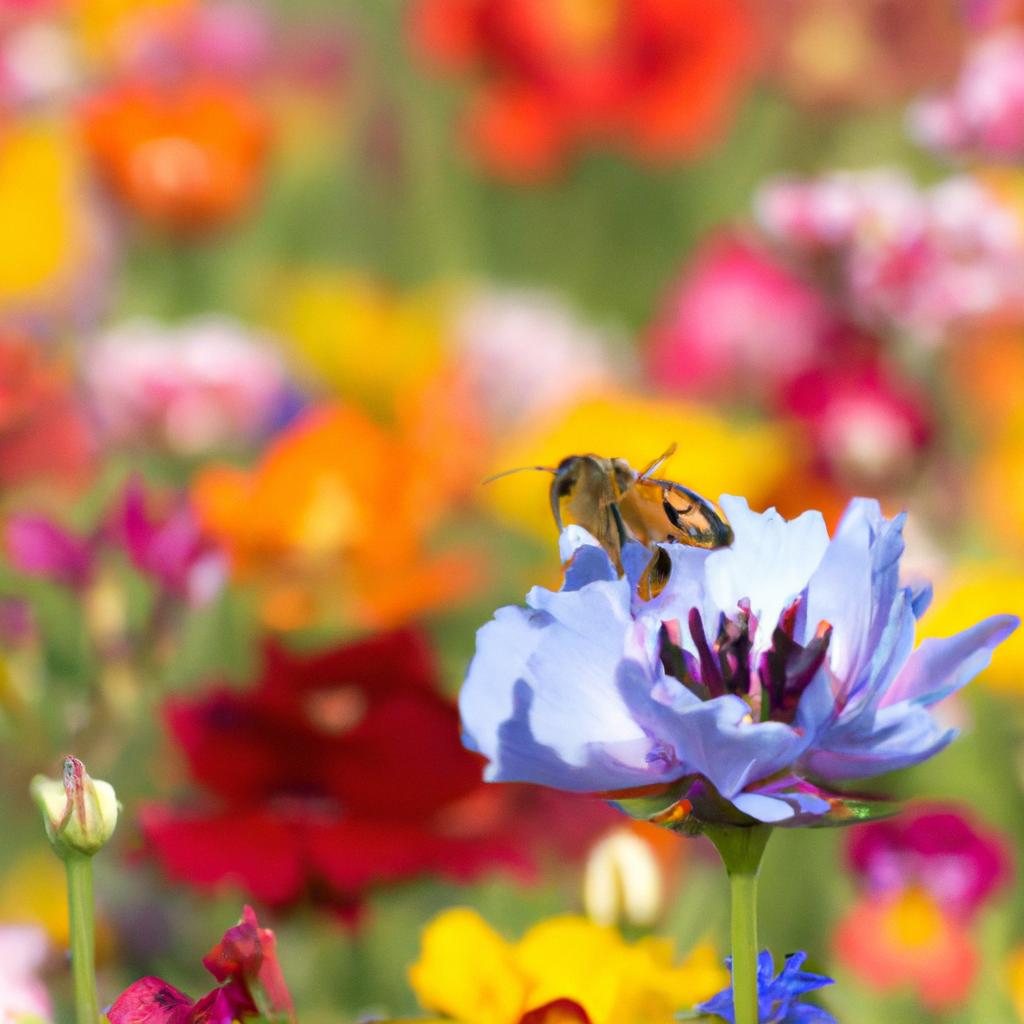 A honey bee on a long journey to find the perfect flower for pollen.