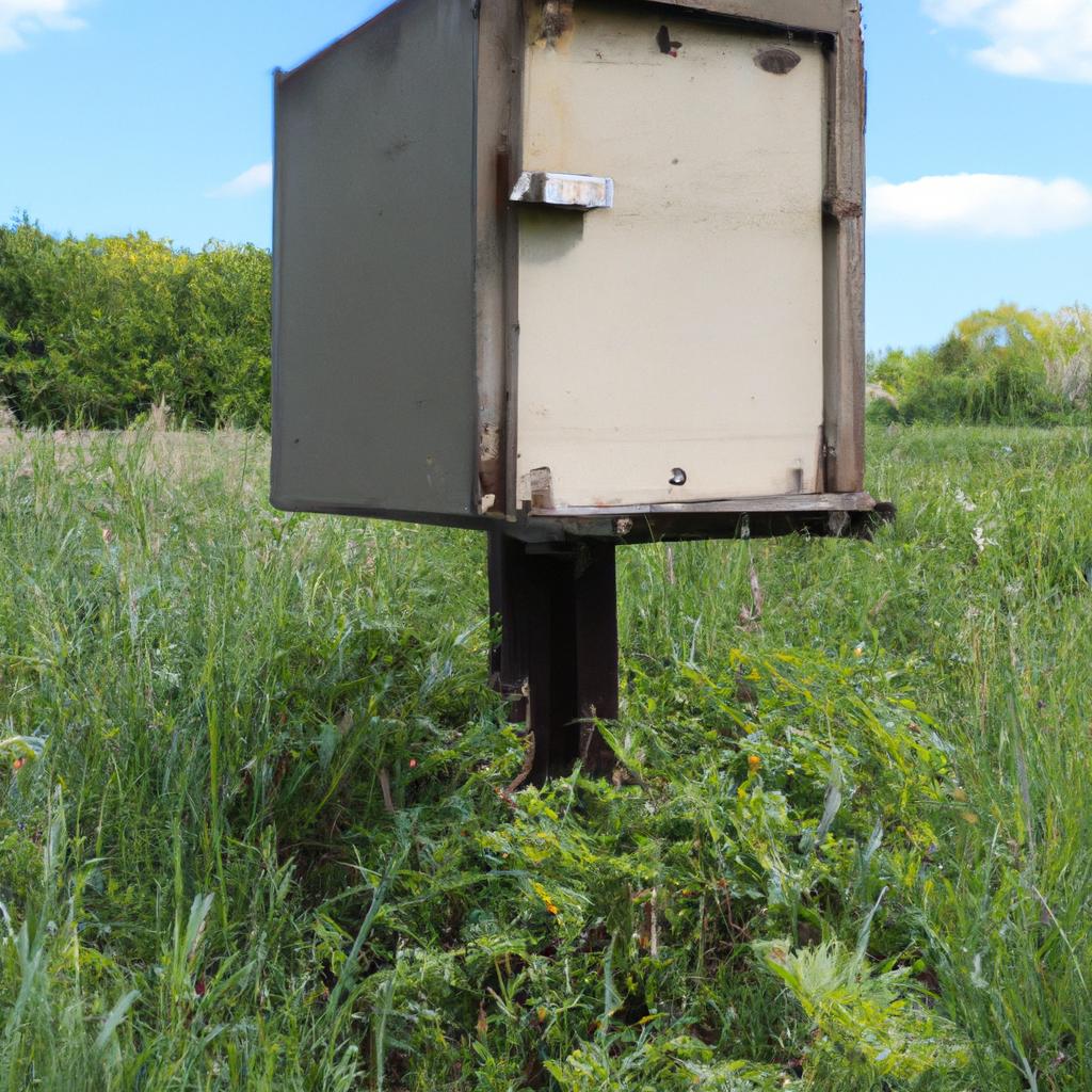 A honey bee hive located in the middle of a field where bees travel for miles to forage.