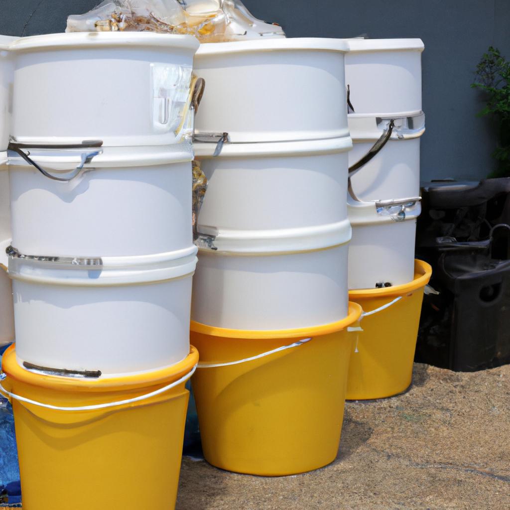A stack of 5-gallon buckets filled with honey ready for sale or processing.