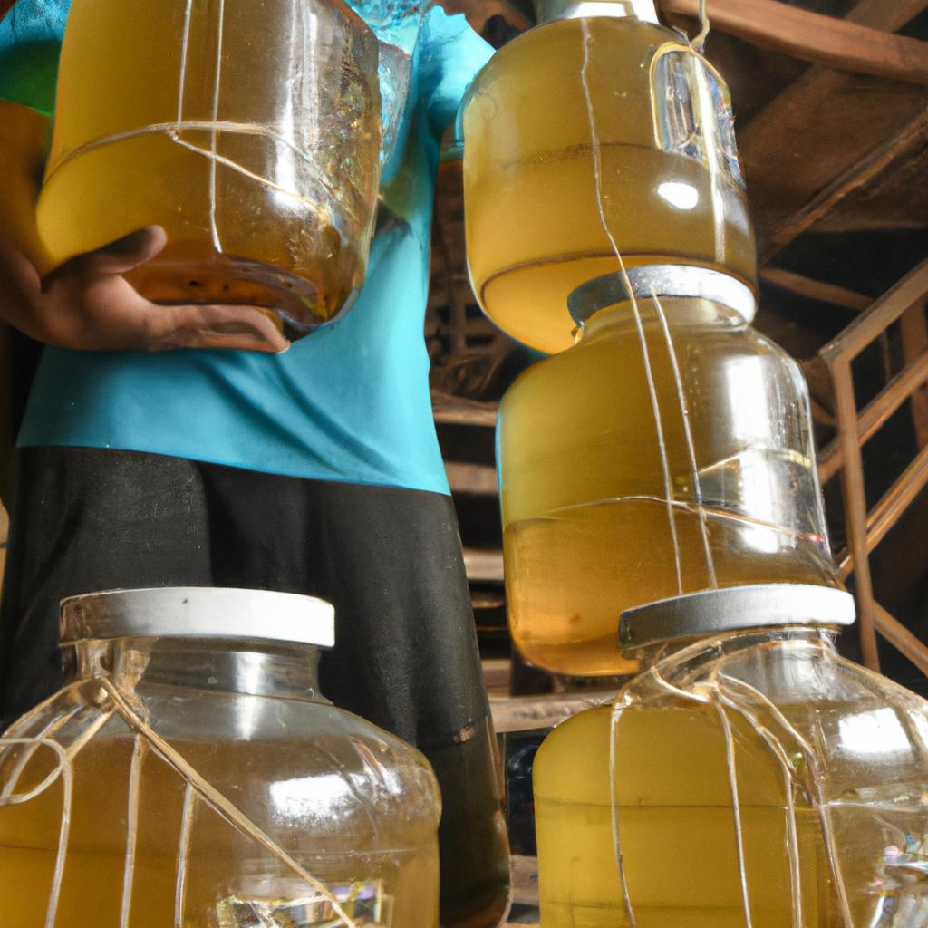 A honey trader packing jars of honey for shipment, knowing the weight is crucial for transport.