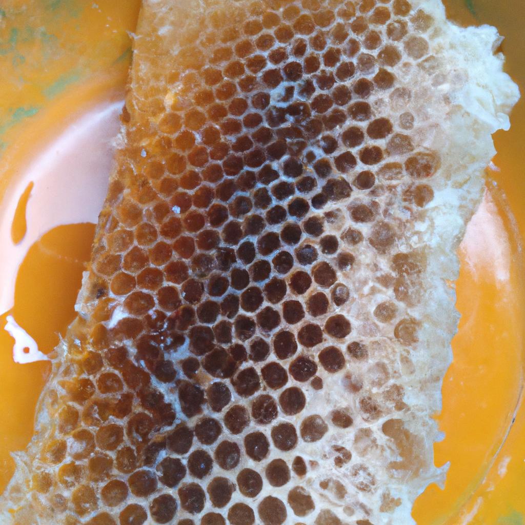 A honeycomb filled with honey produced by a colony of honey bees