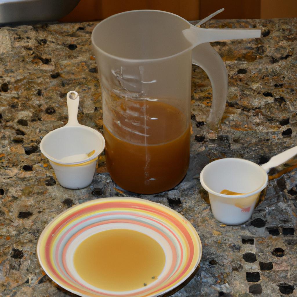 Measuring cups and spoons are essential in determining honey weight and volume