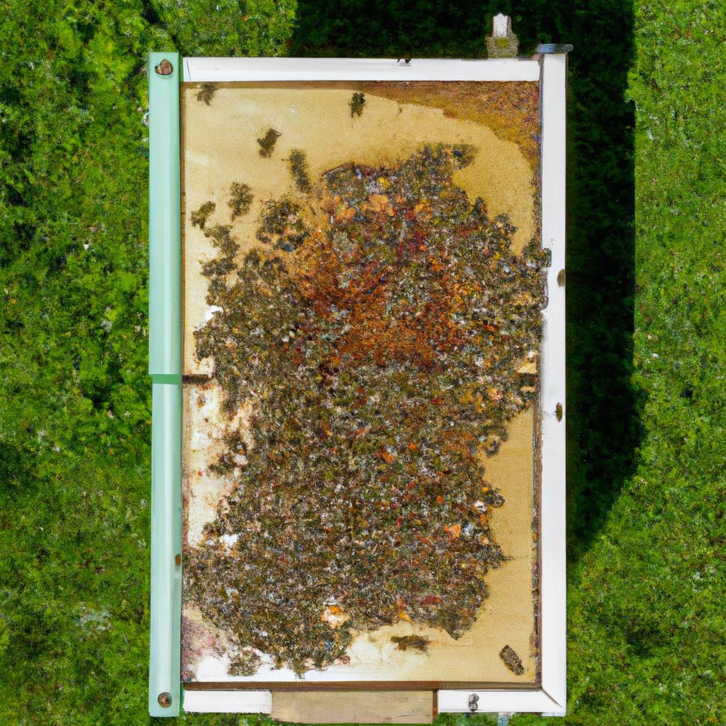 An overhead shot of a 5 frame nuc with bees flying in and out of it