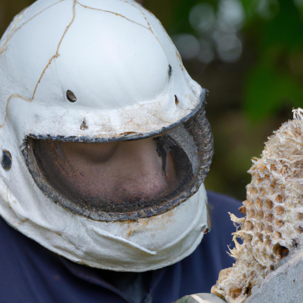 Inspecting a suspected empty wasp nest with proper protective gear