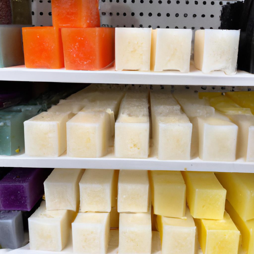 A shelf full of different wax melt cubes in different colors and scents