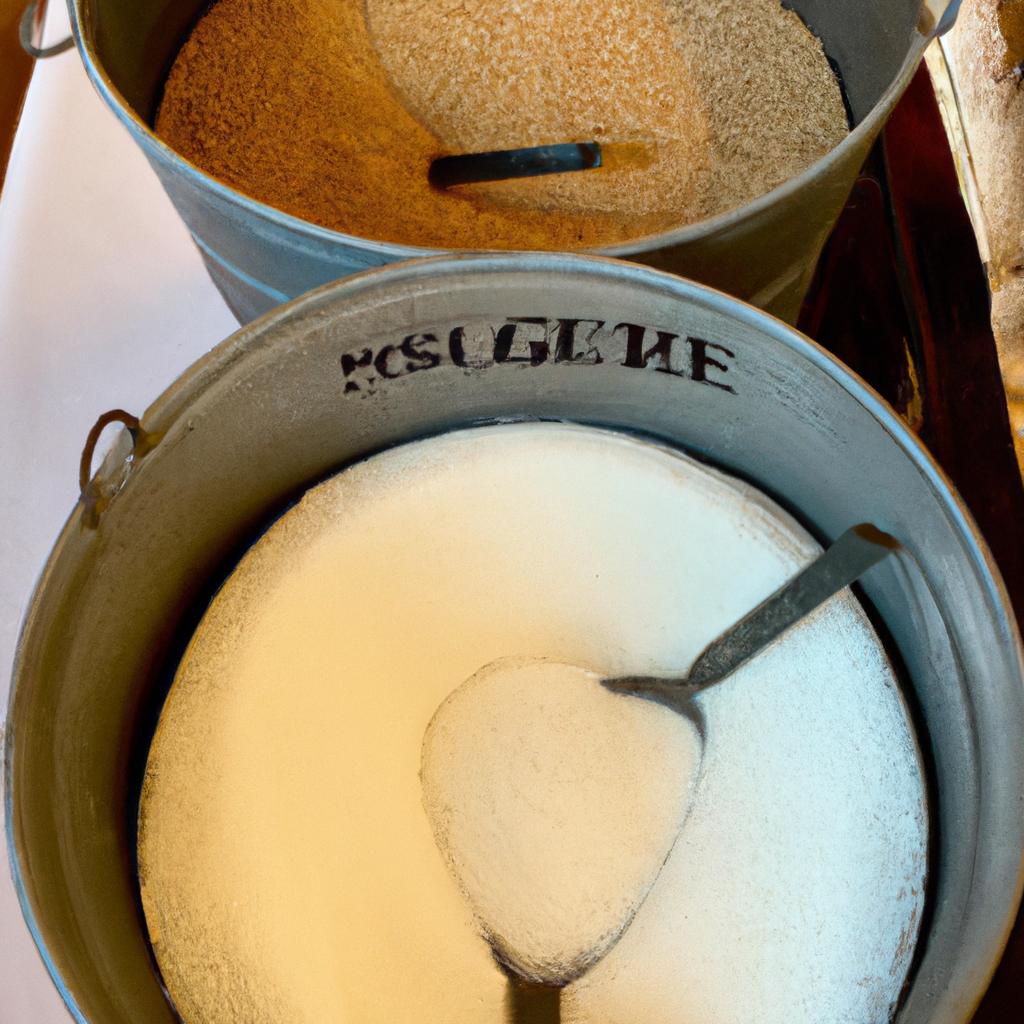 A 5-gallon bucket filled with granulated, powdered, and brown sugar