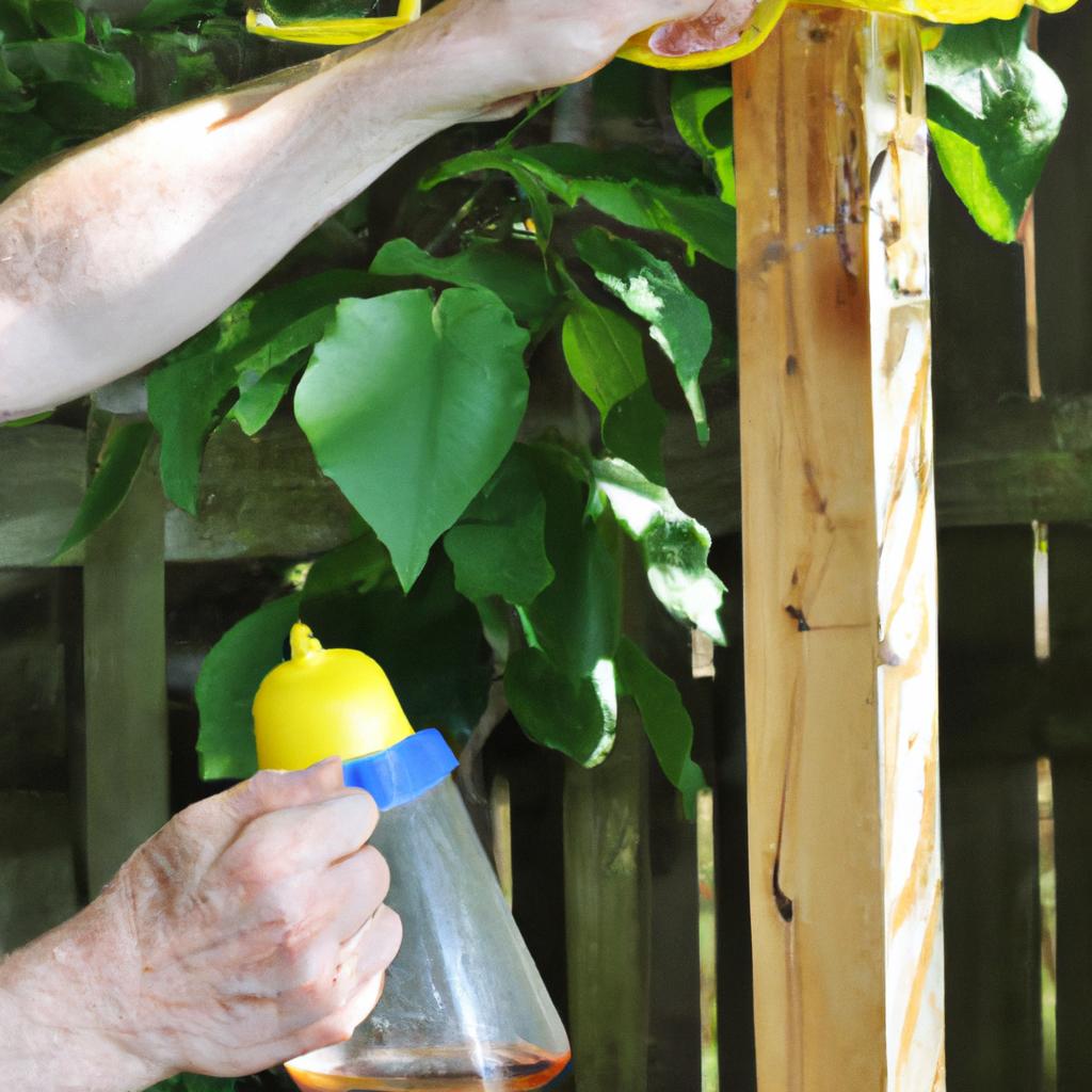 Spraying vinegar solution to keep bees away from an oriole feeder
