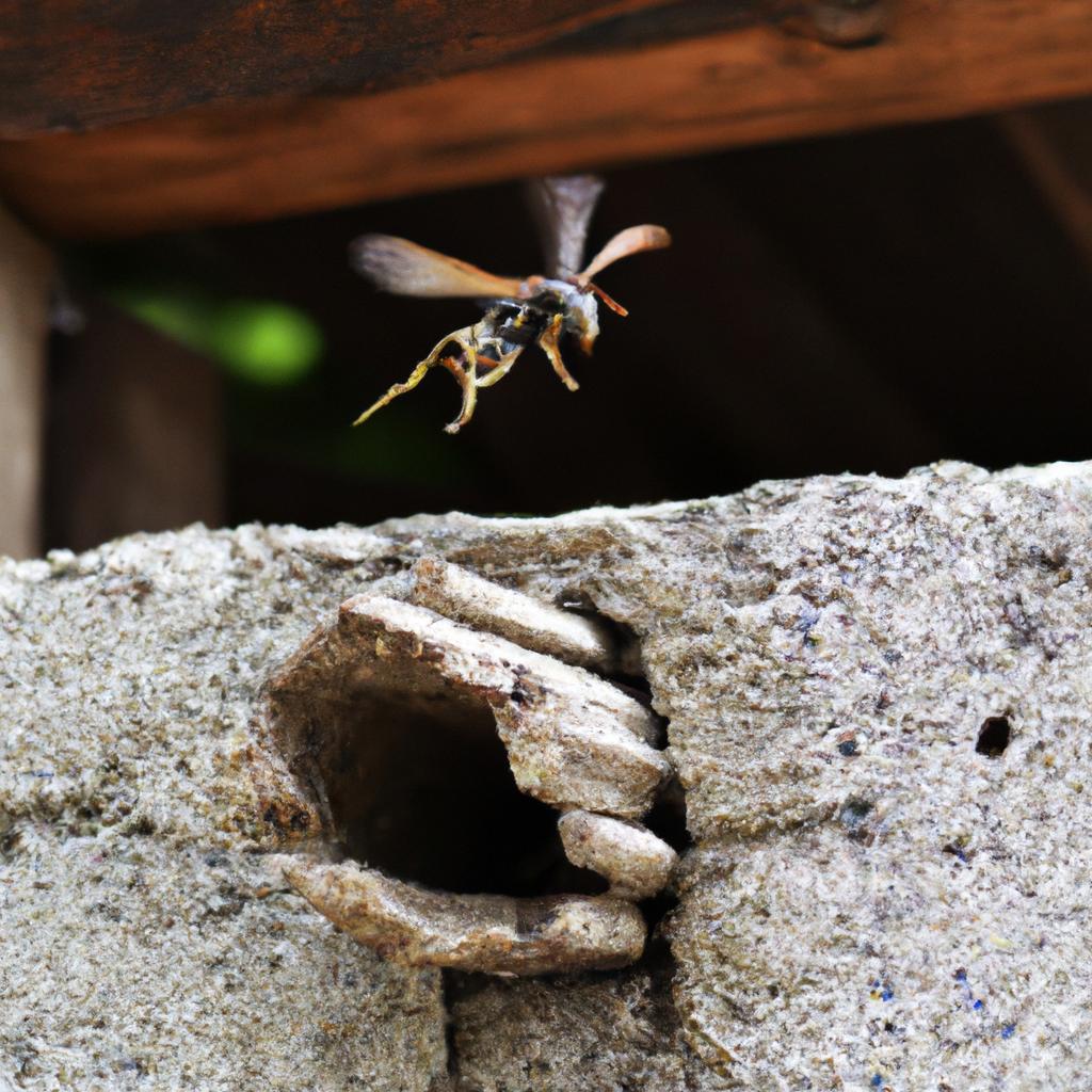 A wasp lingering around its destroyed nest
