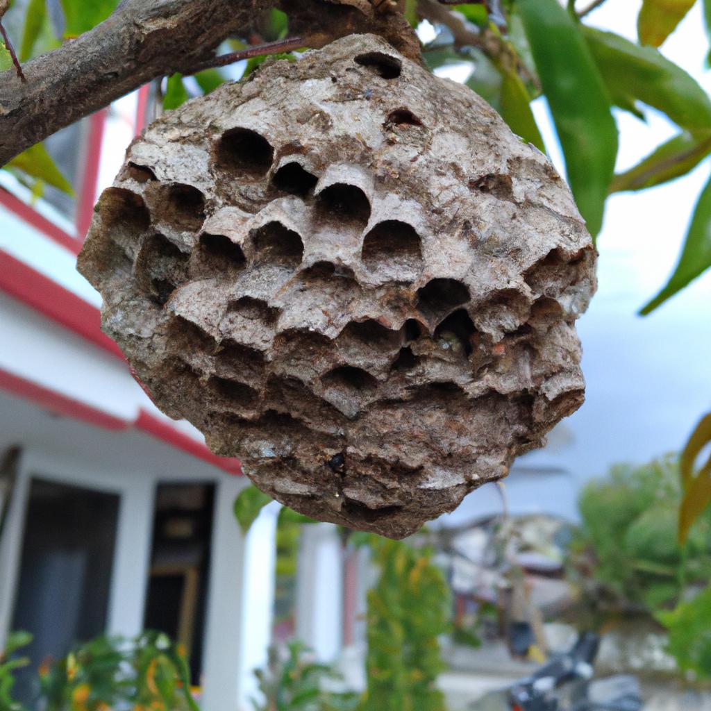 Wasp nest hanging from a tree branch
