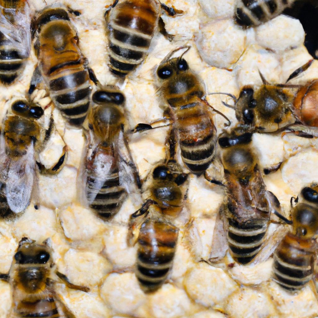 Worker bees building honeycomb, a vital part of the honey production process.
